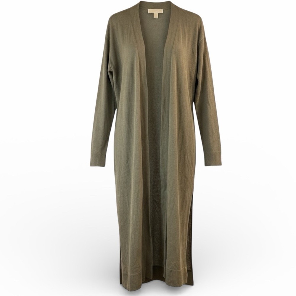 Michael Kors Duster Cardigan Womens Small Olive Green Open Front Maxi Knit